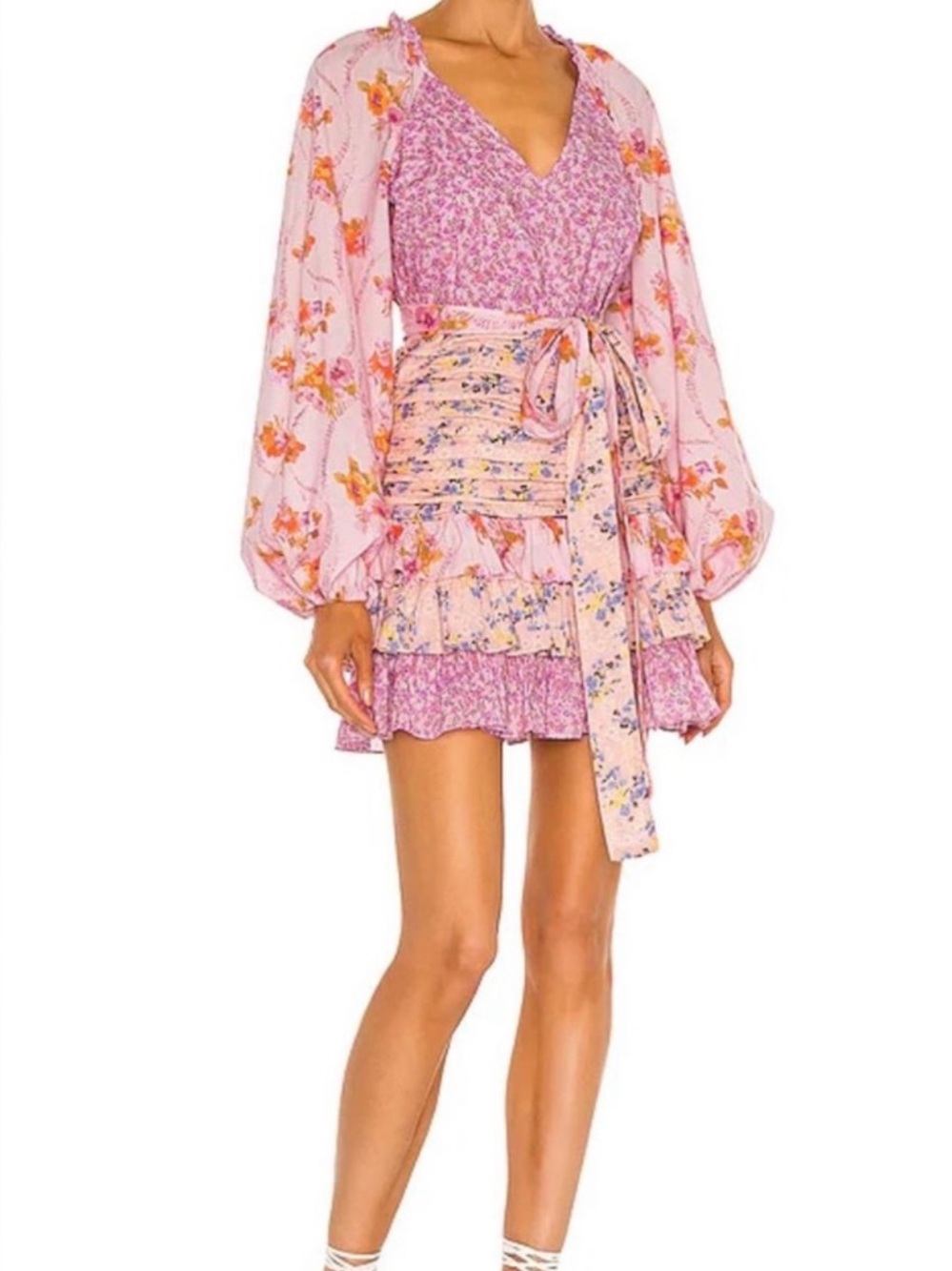 Pink Floral Tiered Mini Dress with Tie Waist